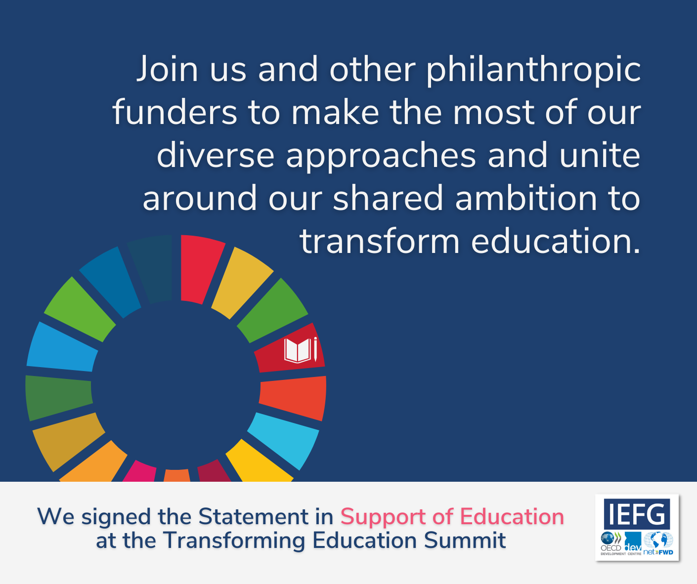dark blue TES Statement logo saying 'We signed the Statement in Support of Education at the Transforming Education Summit'